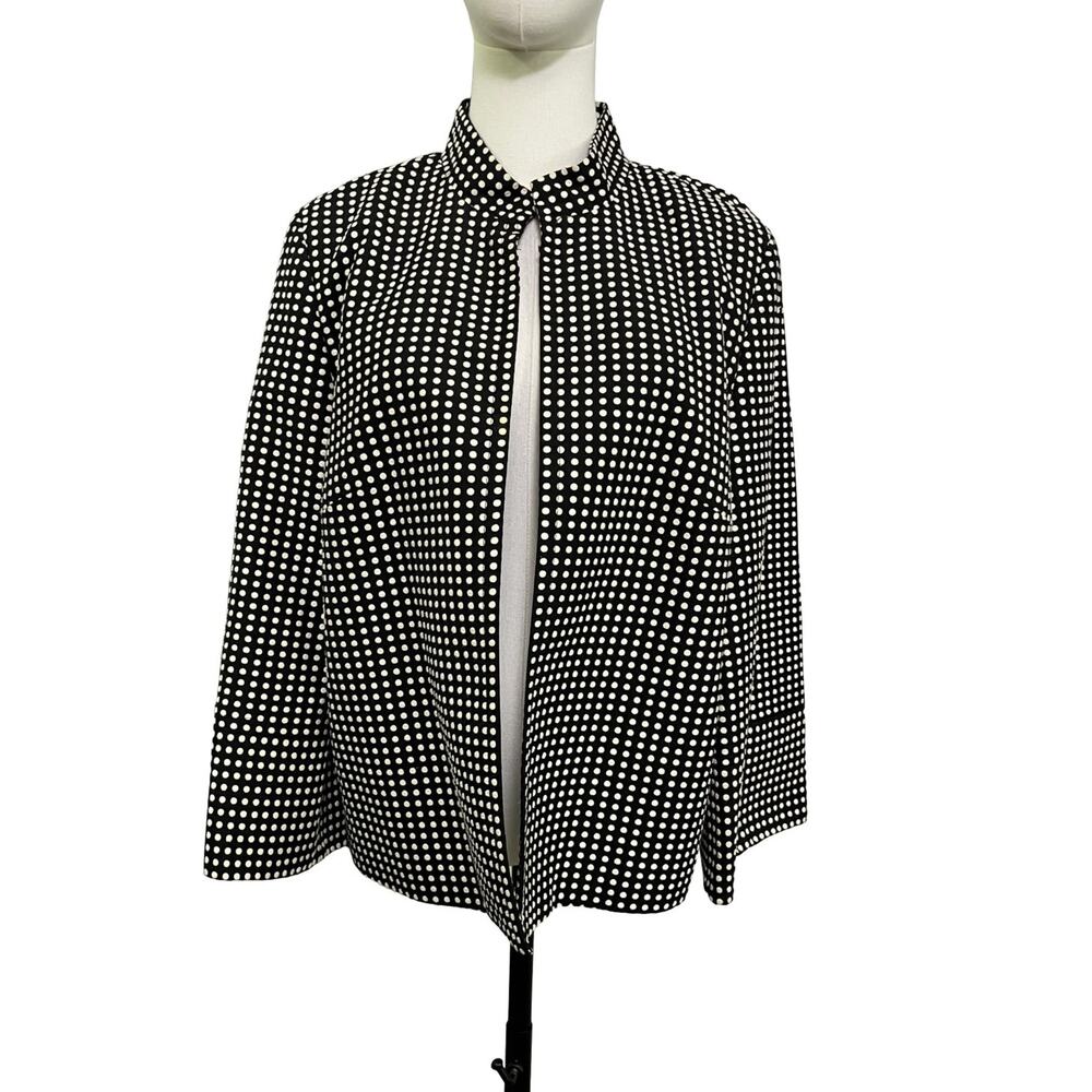 Josephine Black White Dot Open Front Crop Jacket 3/4 Sleeve Size 12 Blazer